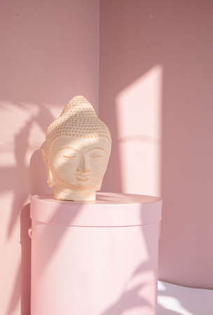 White Buddha bust on pastel pink background decorated with shades. Boho asian style. Relax mood. Yoga background . High quality photoの写真素材