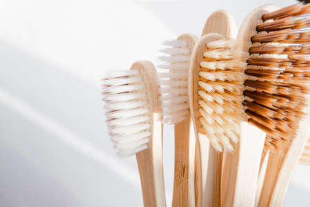 Zero waste bamboo toothbrush on white background . High quality photoの写真素材
