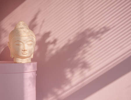 White Buddha bust on pastel pink background decorated with shades. Boho asian style. Relax mood. Yoga background . High quality photoの写真素材