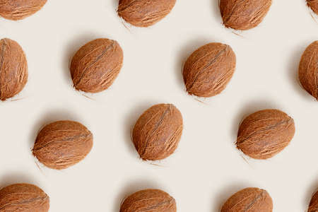 Seamless pattern of coconut on light natural color background. Wallpaper in organic lifestyle design. Wrapping paper for raw chocolate with coco. Cover for vegetarian recipes. Banner for kitchenの写真素材