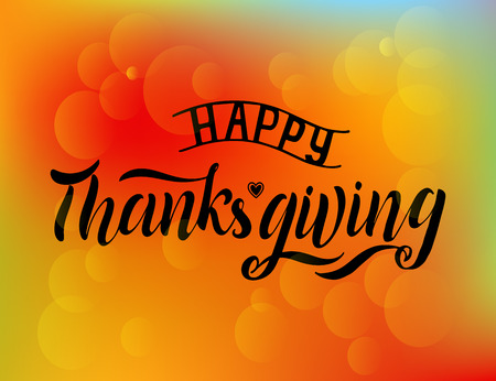 Hand drawn Happy Thanksgiving lettering typography poster. Celebration quotation on blurred background for postcard, icon, logo or badge. Vector modern style elegant calligraphyのイラスト素材