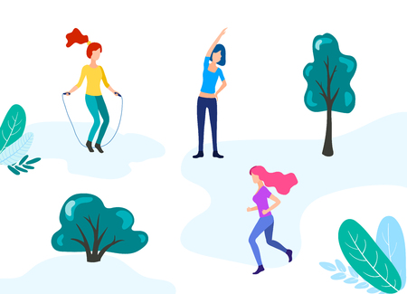 Group of young people performing sports activities at park -running, jumping rope, fitness, gymnastics exercises, jogging. Outdoor workout. Flat vector illustration of woman, girls outdoor activityのイラスト素材