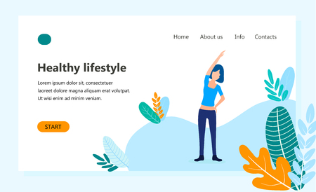 Landing page template of Healthy lifestyle, womens fitness, girl doing physical activity outdoors. Modern flat design concept of web page design for website. Vector illustration of fit sporty woman.のイラスト素材