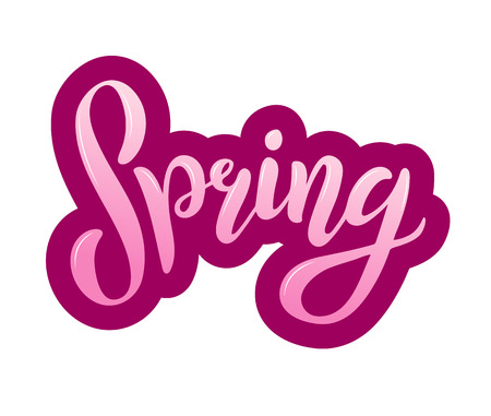 The inscription Spring. Modern brush calligraphy, lettering. Hand drawn design elements. Logos and emblems for invitation, greeting card, t-shirt, prints and posters. Vector illustration.のイラスト素材