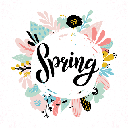 Hand sketched Spring text as logotype,badge and icon.Postcard,card,invitation,flyer,banner template.Lettering typography spring framed with abstract pastel leaves and twigs, flowers. Seasons Greetingsのイラスト素材