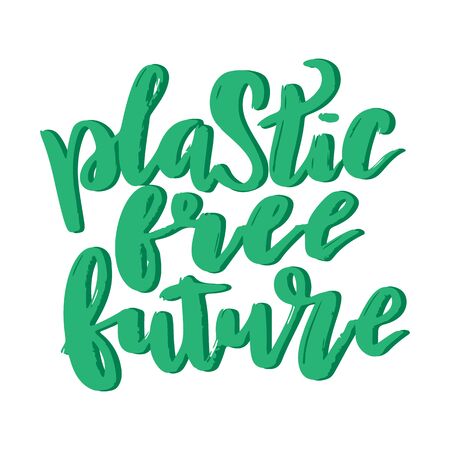 Plastic free future lettering card. Plastic free quote. Ecology motivational phrase, t-shirt design.Typography poster green letters with shadow. Vector illustration isolated on white background.のイラスト素材