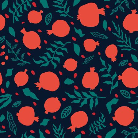 Pomegranate seamless pattern with leaves. Floral vector illustration for SHANA TOVA greeting card. Rosh Hashanah Greeting Card, holiday symbol a pomegranate. Abstract fruits seamless repeart pattern.のイラスト素材