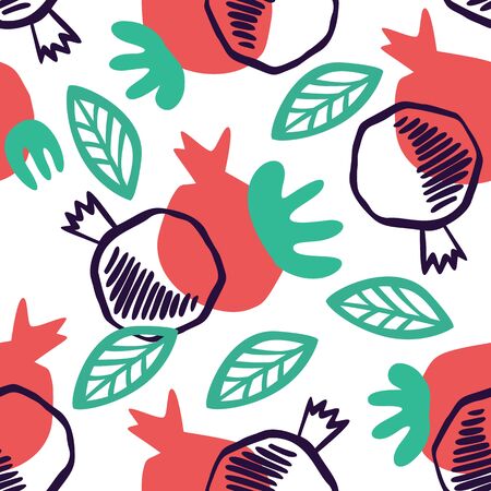 Pomegranate seamless pattern with leaves. Floral vector illustration of abstract doodle and scandinavian fruits. Garnet armenian pattern. The elegant the template for fashion prints.のイラスト素材