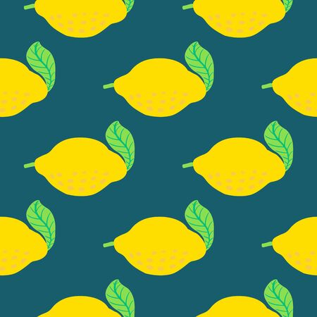 Lemon fruit pattern. Seamless summer citrus pattern with lemons, leaves. Tropical abstract print on dark blue background. Vector illustration. Vector bright print for fabric or wallpaper.のイラスト素材