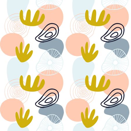 Abstract pattern with organic shapes in pastel colors mustard yellow, pink. Organic background with spots. Collage seamless pattern with nature texture. Modern textile, wrapping paper, wall art designのイラスト素材