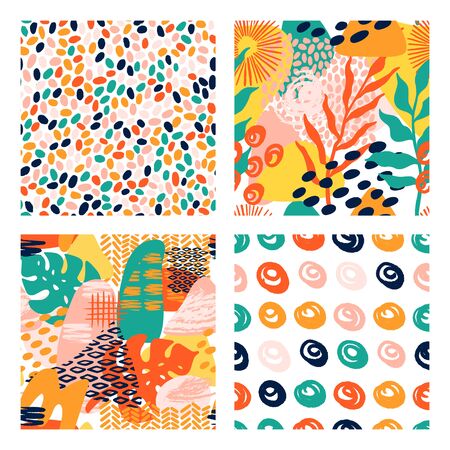 Abstract shapes geometric vector pattern set in bright colors with tropical leaves, brush strokes and animal texture print. Modern seamless texture pattern with grunge,stripes, circle in collage styleのイラスト素材