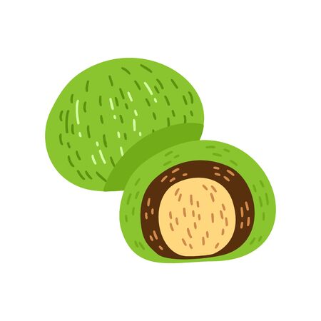 Matcha japanese dessert cartoon illustration, mochi, daifuku. Matcha green tea mochi dessert vector illustration isolated on white background. Asian japanese and chinese traditional food.のイラスト素材