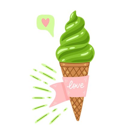 Matcha ice cream cartoon illustration with quote Love. Matcha green tea dessert vector illustration isolated on white background. Asian japanese and chinese ceremony. Hand drawn ice cream packaging.のイラスト素材
