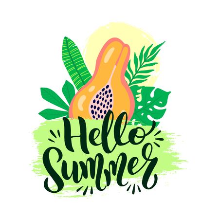 Hello summer vector poster with lettering. Welcome summer graphic background and text calligraphy. Vector illustration papaya fruit, palm leaves on grunge brush stroke isolated on white background.のイラスト素材