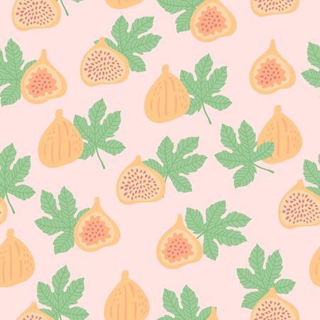 Abstract fruit pattern with figs and leaves. Tropical seamless pattern with fig and leaves on dark green background. Vector illustration in hand drawn style. Ornament for textile and wrapping.のイラスト素材