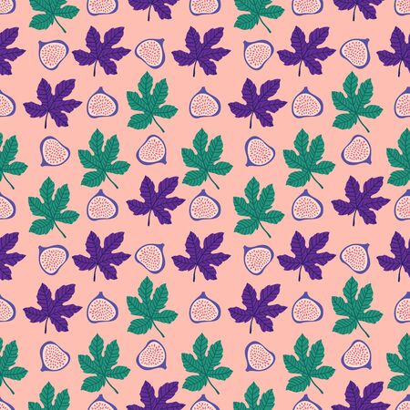 Abstract fruit pattern with figs and leaves. Tropical seamless pattern with fig and leaves on pink background. Vector illustration in hand drawn style. Ornament for textile and wrapping.のイラスト素材