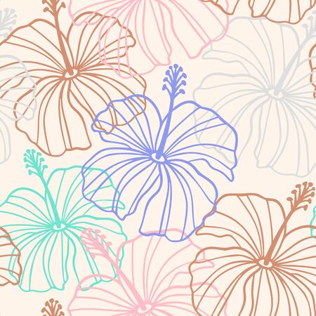Hibiscus flower seamless pattern in beige, pink, brown colors. Tropical hawaiian floral seamless pattern. Exotic pastel background with hibiscus line silhouette. Vector illustration for print, textileのイラスト素材