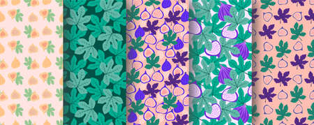 Abstract fruit pattern set with figs, leaves, dots. Tropical seamless pattern with fig, leaves on...