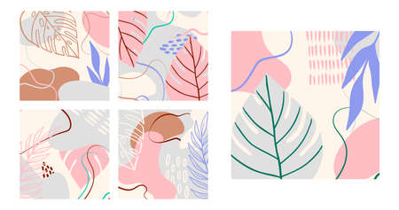 Abstract tropical set background with geometric shapes, palm leaves in pastel colors. Blue, pink, brown modern collage for posters.のイラスト素材
