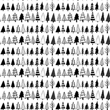 Christmas tree seamless pattern. Hand drawn doodle forest background. Retro holiday wraping paper. Vector monochrome pattern. Abstract vintage print for fabric, packaging.のイラスト素材