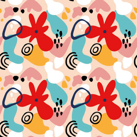 Abstract flower seamless pattern with geometric shapes, spots and tropic motifs. Repeat graphic print witn modern shapes and floral elements. Vector collage style illustration. Trendy flower pattern.のイラスト素材