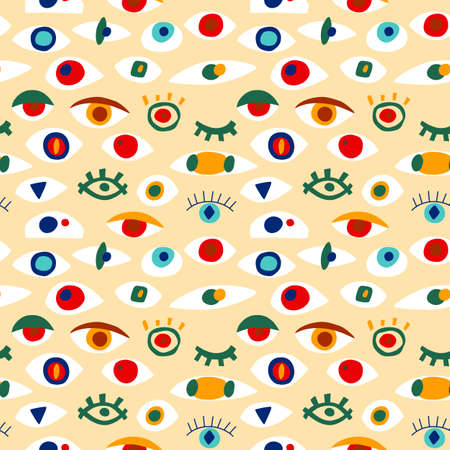 Eye abstract pattern with geometric shapes in contemporary style. Vector greek seamless pattern with look, eyes in modern collage style.のイラスト素材
