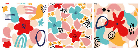 Abstract flower seamless pattern set with geometric shapes, spots, tropic motifs. Repeat graphic...