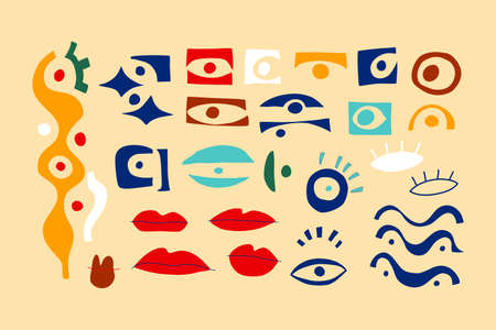Eye abstract collection, geometric shapes in contemporary style. Vector set with look, eyes, lips in modern collage style. Abstract shapes hand drawn illustration. Colorful trendy background. Isolated.のイラスト素材
