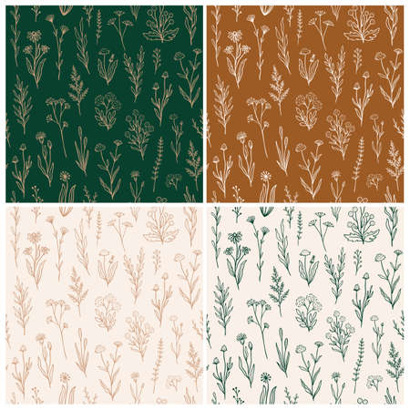 Wildflower seamless pattern set with outline florals. Retro style print design collection with hand drawn flowers in rustic colors. Simple field floral patterns for wallpaper, packaging, fabric designのイラスト素材