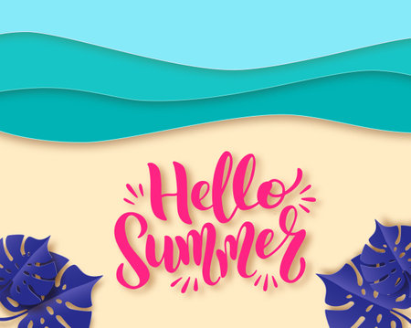 Hello summer banner, blue sea and beach summer background with lettering, curve paper waves and seacoast. Concept for banner, flyer, poster or web site design. Paper cut style, vector illustrationのイラスト素材