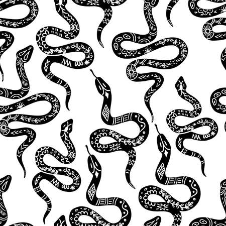 Snake pattern, black and white celestial serpent seamless pattern. Snake silhouettes in boho, mystical graphic style. Vector illustration bohemian ornament in linecut style. Mystic serpent backgroundのイラスト素材