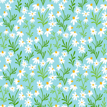 Chamomile and daisy seamless pattern. Wildflower print design with hand drawn flowers on light blue background. Simple field floral pattern for packaging, fabric design. Blossom herbs ornament.のイラスト素材