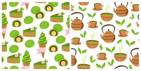 Matcha green tea pattern set. Seamless japanese culture pattern collection with Matcha powder, bowl, teapot and cupcake. Vector illustration. Drink ceremony print for fabric, packaging.のイラスト素材