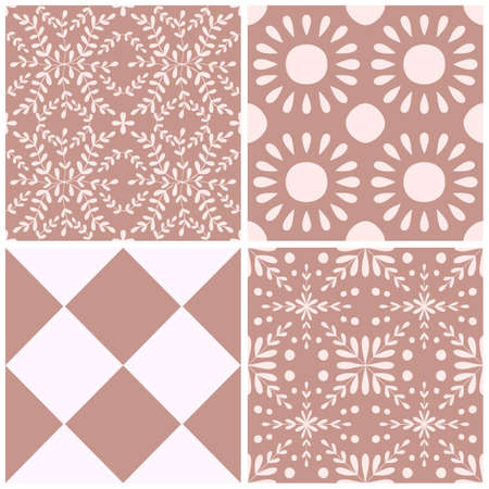 Tile portugal flower seamless pattern set. Dusty rose color geometric background collection....