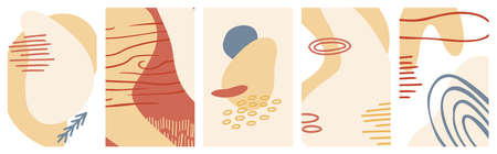Abstract organic shape and hand draw line background set in pastel colors. Modern collage for...