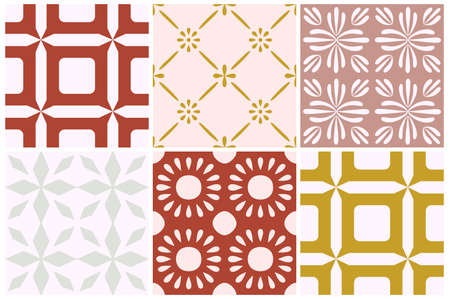 Tile portugal flower seamless pattern. Dusty rose color geometric background. Traditional azulejo repeat ornament. Vector monochrome pattern.Abstract vintage print for fabric,packaging.Scrapbook paperのイラスト素材