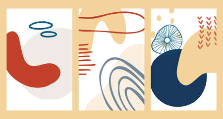 Abstract organic shape and hand draw line background set in pastel colors. Modern collage for posters, social media stories. Vector illustration in trendy style abstract design with space for text.のイラスト素材