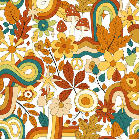 70s groovy hippie retro seamless pattern. Vintage floral vector pattern. Wavy floral background with rainbow, leaves, mushroom, pumpkin and flowers.のイラスト素材