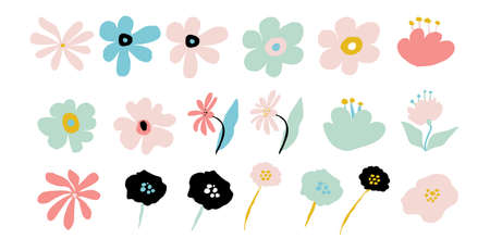 Abstract modern flowers set. Simple blossom floral shapes, geometric collage elements. Contemporary flower and leaves collection.Organic graphic shapes isolated on white background.Vector illustrationのイラスト素材