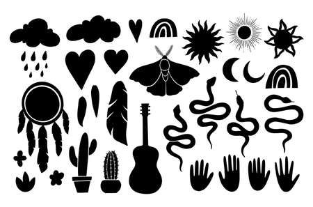 Mystic boho gothic symbols set. Bohemian symbol in linocut graphic style. Collection silhouettes sun, moon, dreamcather, moth, snake, feather, hands. Vector illustration isolated on white background.のイラスト素材