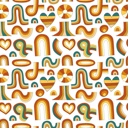 70s retro rainbow vector seamless pattern. Groovy vintage repeat pattern with arch, circle, heart and rainbows shapes. Wavy geometric hippie print for wallpaper, fabric, wrapping. Abstract background.のイラスト素材