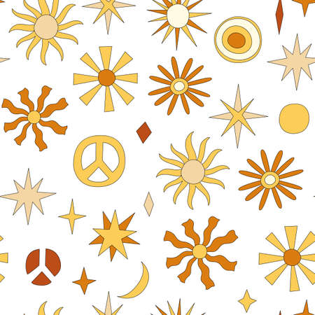 70s retro hippy vector seamless pattern. Groovy vintage repeat pattern with sun, peace sign, stars....