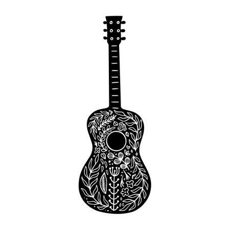 Boho decorated floral guitar. Trendy celestial bohemian symbol isolated on white background. Celestial hand drawn linocut guitar with flowers and leaves, wall art. Vector illustration for printのイラスト素材