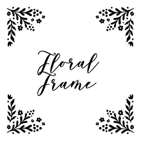 Floral Handdrawn Corner Frame Set in Retro Curl Style. Beautiful Flora Filigree Wall Art Decor. Vector Nature Illustration Isolated on White Background. Linocut Floral Ornament. Print Decorationのイラスト素材