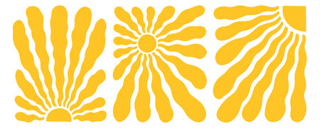 Retro Groovy Sun Background Set. Abstract Wave Ray Pattern in Trendy 70s Style. Boho Colorful Groovy...