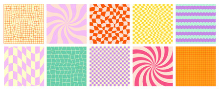 Groovy Y2K Retro 90s Checkerboard Square Grid Pattern Background. Wavy Funky Vector Abstract Design....