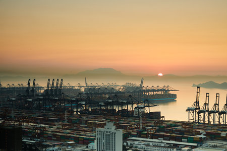 Yantian Port where the sun has just risen.のeditorial素材