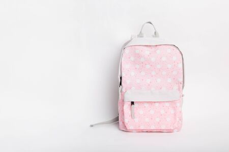 new stylish pink school backpack on white background