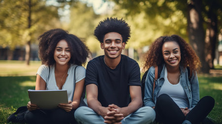 Happy multiracial group of college students sitting in a park, studying together on campus. Street portrait of a group of studentsの素材