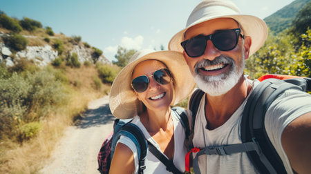 caucasian happy modern seniors wearing sunglasses and t-shot looking at camera and making selfie by mobile smartphone. elderly travellers AIの素材